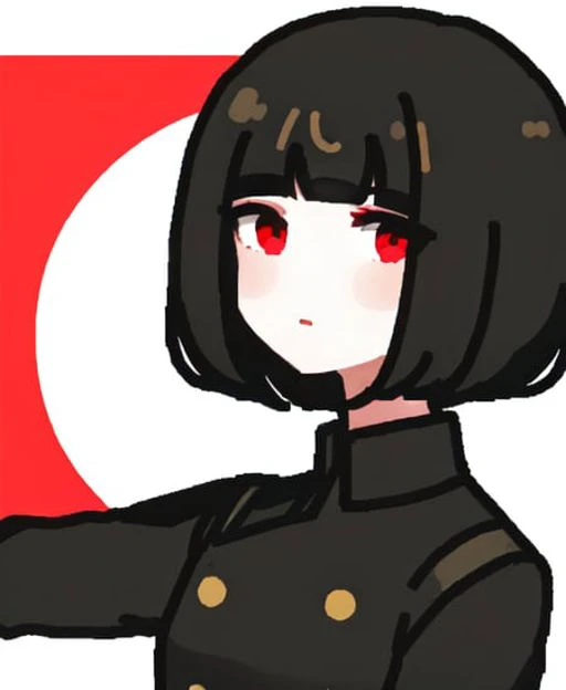 <lora:childrensDrawingLora_v10:0.9>, black hair, short hair, blunt bangs, red eyes