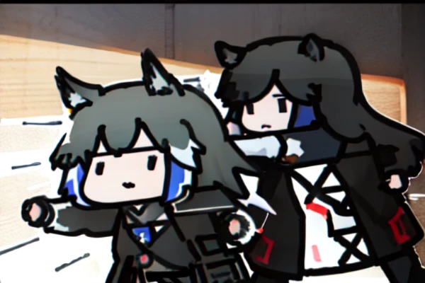 4girls fight each other ,style anime,Texas,arknights, weapon,firing, <lora:childrensDrawingLora_v10:1.3> <lora:arknightsTexasTheOmertosa_v10:1>