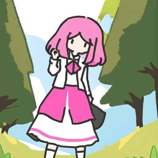 1girl, pink hair, white skirt,