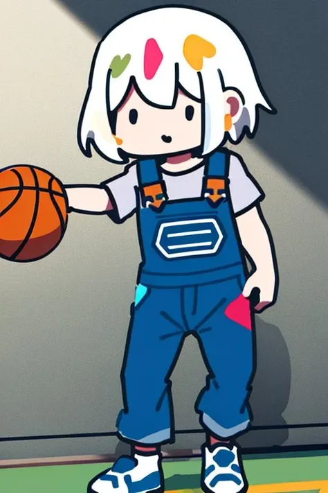 1boy, white hair, green overalls, playing basketball, <lora:child-drawing:1>,