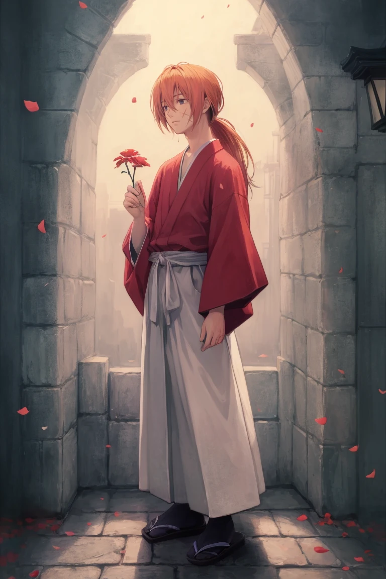 <lora:Kenshin_RK-10:1> kenshin rk, solo, long hair, 1boy, ponytail, flower, red kimono, male focus, japanese clothes, petals, scar, sandals, hakama, hakama skirt, holding flower