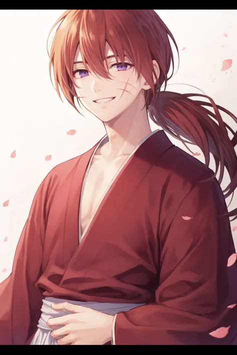 <lora:Kenshin_RK-10:1> kenshin rk, solo, long hair, smile, 1boy, purple eyes, ponytail, male focus, japanese clothes, kimono, grin, petals, scar, letterboxed, scar on face, red kimono