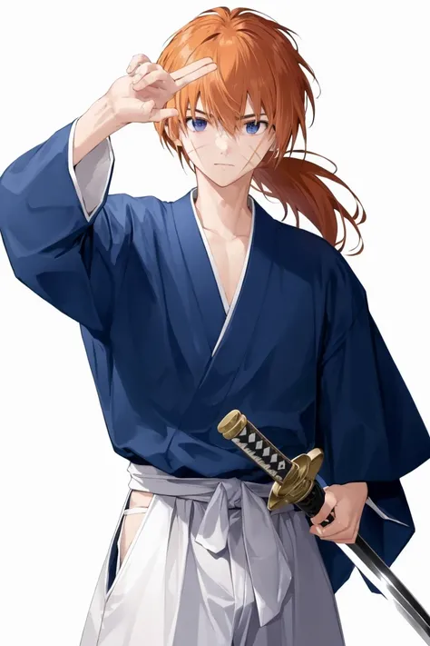 <lora:Kenshin_RK-10:1> kenshin rk, solo, long hair, simple background, long sleeves, 1boy, white background, holding, ponytail, weapon, male focus, japanese clothes, sword, kimono, holding weapon, orange hair, scar, holding sword, katana, hakama, scar on face