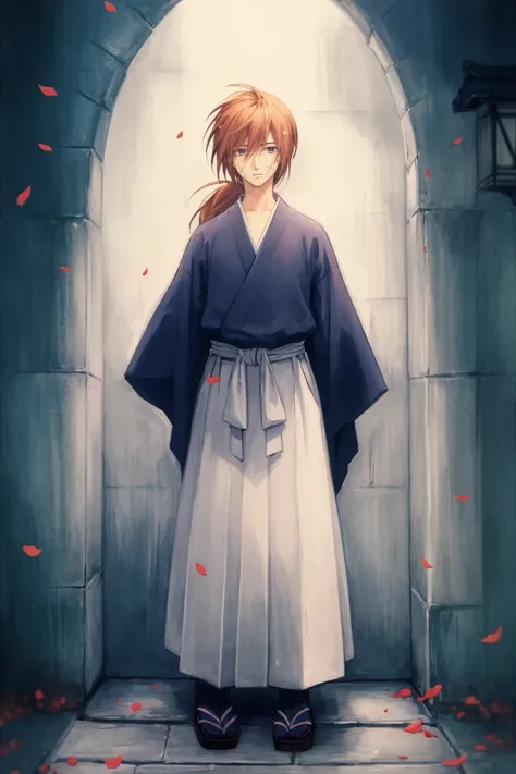 <lora:Kenshin_RK-10:1> kenshin rk, solo, long hair, 1boy, ponytail, flower, male focus, japanese clothes, petals, scar, sandals, hakama, hakama skirt, holding flower