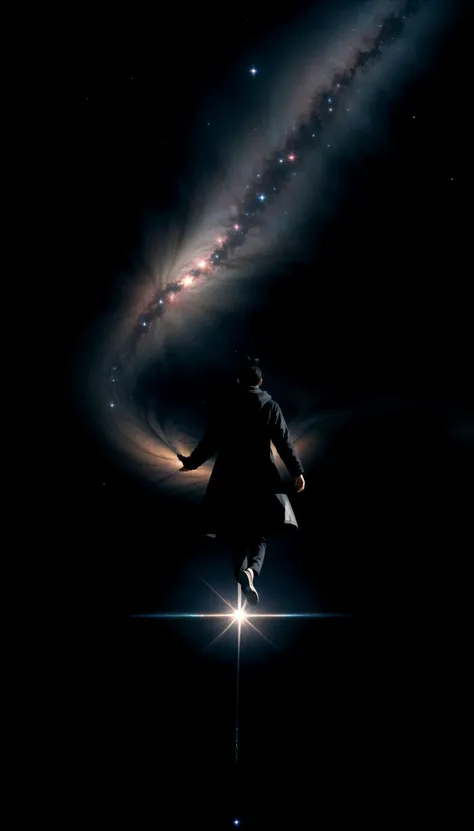 ((nebula,universe, spacestar \(sky\)) )
((1 Boy flying in the air,short hair,single hair bun,black hair, ))
(1boy,solo, from behind, black coat,floating coat, hood down, )
(masterpiece:1,2), best quality, masterpiece, highres, original, extremely detailed wallpaper,absurdres, perfect lighting,(extremely detailed CG:1.2),