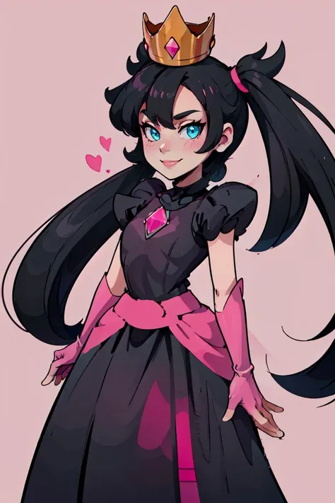 <lora:Alola_Style:0.3>, flat colors, 
((masterpiece,best quality)), absurdres, <lora:ShadowQueenMarnie_v2:0.8>,   ShadowQueenMarnie, black hair, pigtails, asymmetric bangs, solo, smile, crown,  black dress,  pink gemstone, pink gloves, pink waist ribbon, pink gem, looking at viewer, simple background,