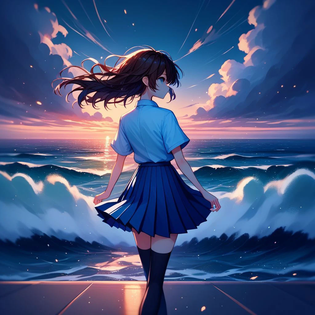 sea embankment, panoramic cityscape megalopolis, dystopian, wind, brunette, short twintails, sidelocks, shiny hair, floating hair, collared shirt, short sleeves, pleated skirt, thighhighs, looking back, cloudy sky, sunset, dust, fog, blue theme, white theme, adorable, yuri, 1girl, solo, delicate style, raytracing, light particles, volumetric lighting, dynamical pose angle, motion composition, moody colors , <lora:dalle3:1> score_9, score_8_up, score_7_up, score_6_up, score_5_up, score_4_up, source_anime