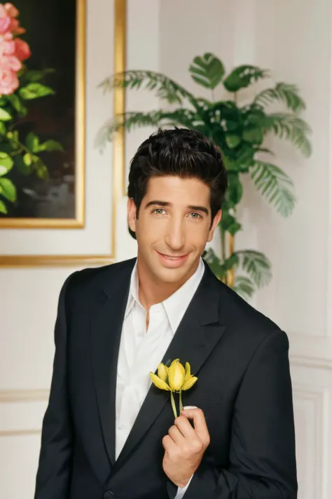 1boy, smile, upper body, looking at viewer, <lora:Character-friends_ross_geller_v1:0.8>, ross, ross geller, (black suit), (holding flower:1.2),
indoors,
masterpiece, high quality, absurdres, realistic,