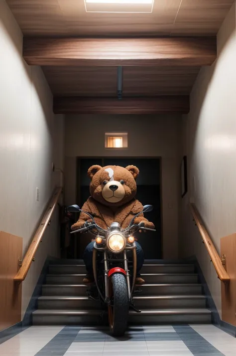 picture of cute big bear in biker jacket <lora:DET animal Furtastic_Detailer:2> 
<lora:Kaidan_school_SD15_V4:0.8> kaidan, stairs, door, indoors, scenery, tiles, hallway, window, tile floor, wall, ceiling light, shadow,
<lora:DET epi_noiseoffset2:0.3>  <lora:CON detail_slider_v4:1>, masterpiece, best quality, high quality, highres, ultra-detailed