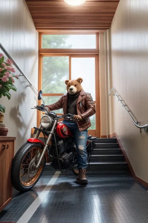 picture of cute big bear in biker jacket <lora:DET animal Furtastic_Detailer:2> 
<lora:Kaidan_school_SD15_V4:0.8> kaidan, stairs, door, indoors, scenery, tiles, hallway, window, tile floor, wall, ceiling light, shadow,
<lora:DET epi_noiseoffset2:0.3>  <lora:CON detail_slider_v4:1>, masterpiece, best quality, high quality, highres, ultra-detailed