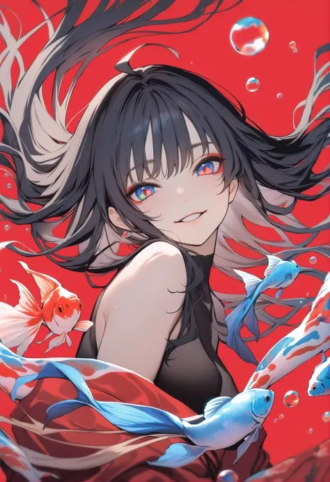 masterpiece, best quality, <lora:MichikingXL_V1:1> 1girl, fish, red background, solo, koi, goldfish, black hair, looking at viewer, parted lips, long hair, multicolored eyes, portrait, bangs, floating hair, simple background, multicolored hair, smile, makeup, bubble, ahoge, eyeshadow
