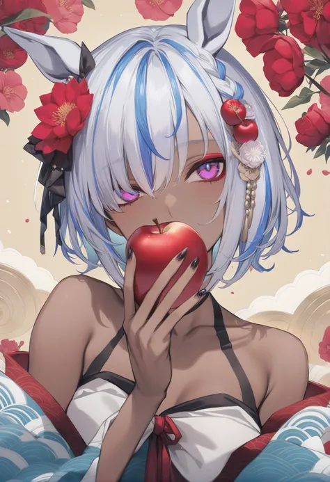 masterpiece, best quality, <lora:MichikingXL_V1:1> 1girl, food, solo, flower, fruit, hair ornament, holding food, apple, holding, multicolored hair, hair flower, white hair, hair over one eye, holding fruit, looking at viewer, black nails, red flower, dark skin, short hair, dark-skinned female, portrait, nail polish, multicolored eyes, covering mouth, bare shoulders, makeup, fingernails, streaked hair, blue hair, animal ears, bangs, purple eyes, eyeshadow, horse ears, collarbone, bow, seigaiha