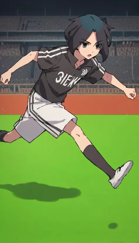 score_9, score_8_up, score_7_up, score_6_up, score_5_up, score_4_up, source_anime, stadium, 1boy, kusaka gen, black hair, two-tone hair, grey eyes, black shirt, running, open mouth, pose, <lora:Kusaka_Gen:0.8>