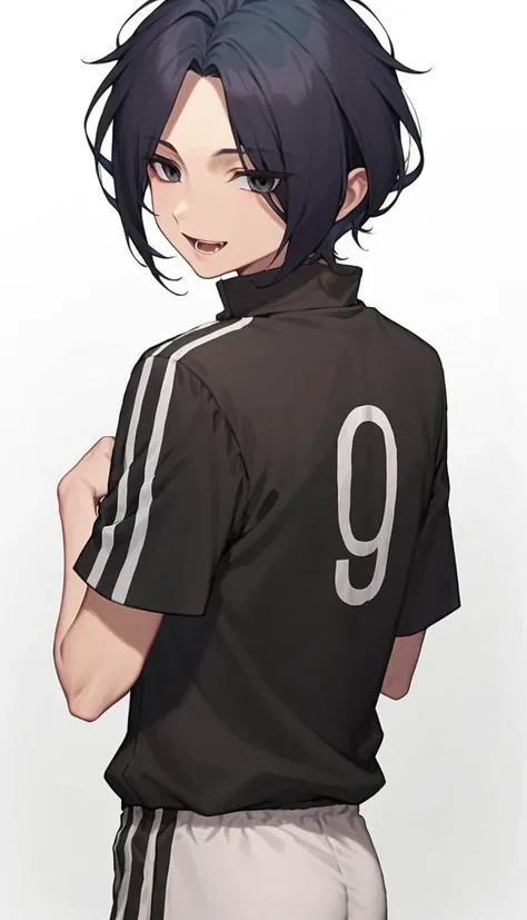 score_9, score_8_up, score_7_up, score_6_up, score_5_up, score_4_up, source_anime, simple background, half-closed eyes,from side, ass, open mouth, smile, pose, looking at viewer,, 1boy, kusaka gen, black hair, two-tone hair, grey eyes, <lora:Kusaka_Gen:0.8>