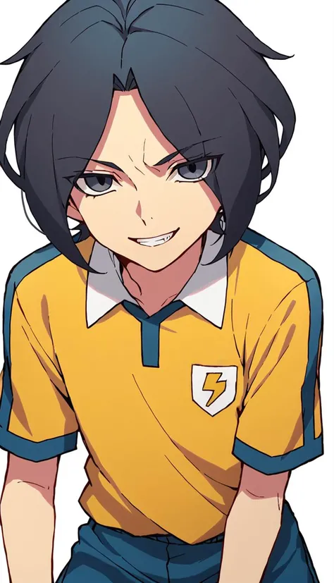score_9, score_8_up, score_7_up, score_6_up, score_5_up, score_4_up, source_anime, simple background, lightning bolt symbol,, raimon, raimon soccer uniform, sportswear, yellow shirt, blue shorts, <lora:Raimon_GO_Uniform:0.7>