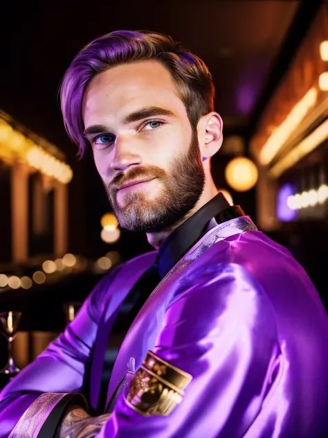 (masterpiece) (best quality) (HDR) (8k) portrait of PewDiePie clean shaved wearing a purple silk robe in a shady bar, detailed, half portrait shot, DSLR, <lora:PewDiePie_vng:1>, dark theme, two tone lighting, exquisite details