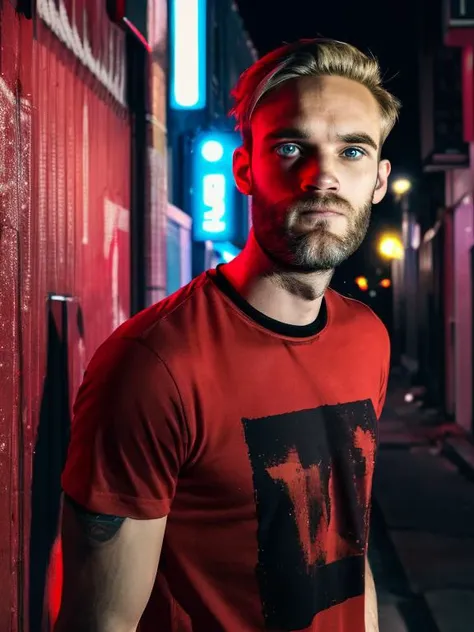 (masterpiece) (best quality) (HDR) (8k)  portrait of PewDiePie clean shaved wearing a red and black t-shirt in a trashy alley at night,  detailed,  half portrait shot, DSLR,  <lora:PewDiePie_vng:1>,  dark theme, two tone lighting, exquisite details
