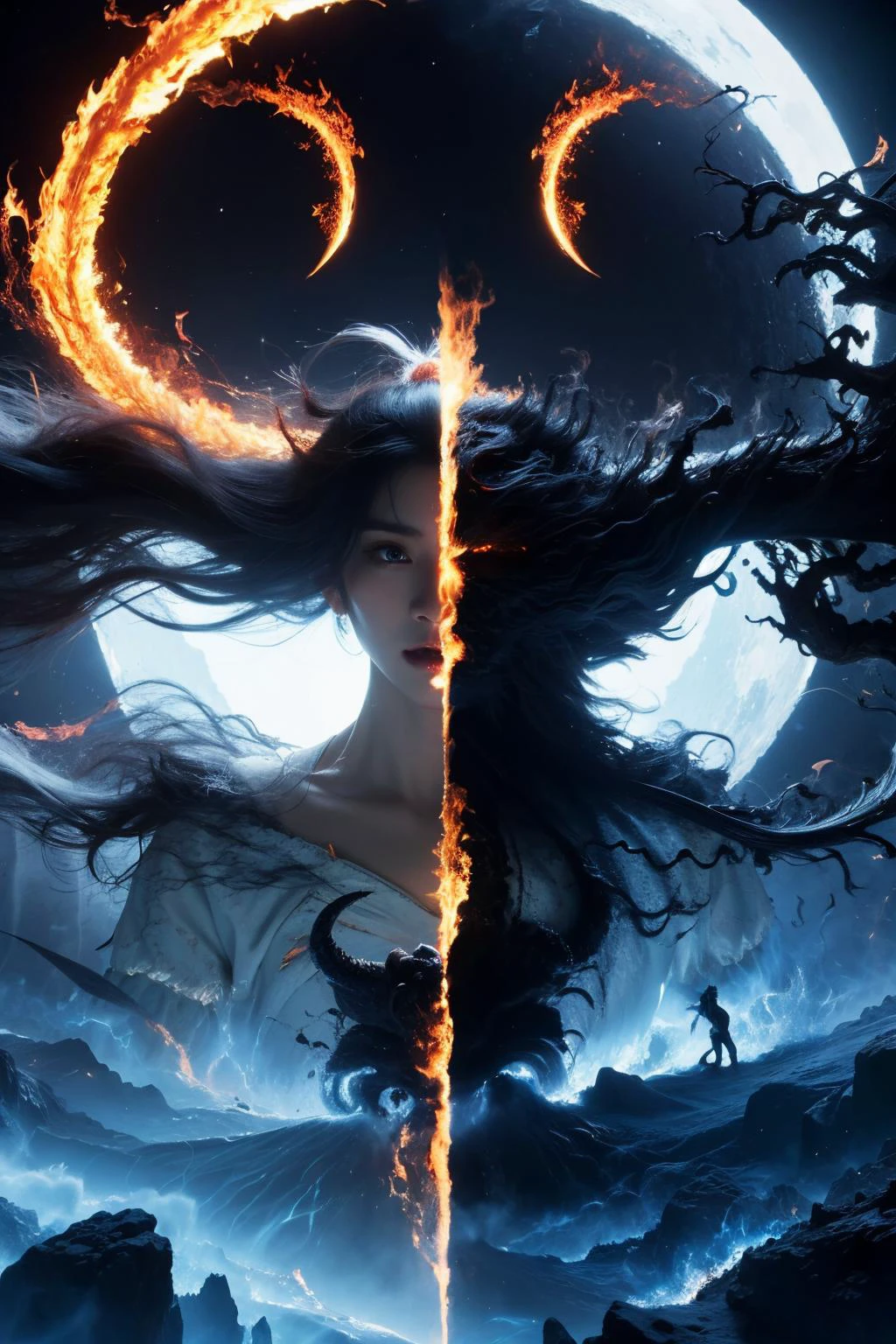 highres, 8k, absurdres, 1girl, Spider_Pig, long hair, (wabstyle:1.2), glowing, two-tone hair, fog, mist, white, black, split theme, two-tone, sun, moon, fighting stance, halo aura, god rays, (hell fire:1.5), (contrasts:1.3), (devil:1.4), angel and devil, devil tail,
<lora:wabstyle:0.85>, <lora:JP_Girl-000011:0.15>
