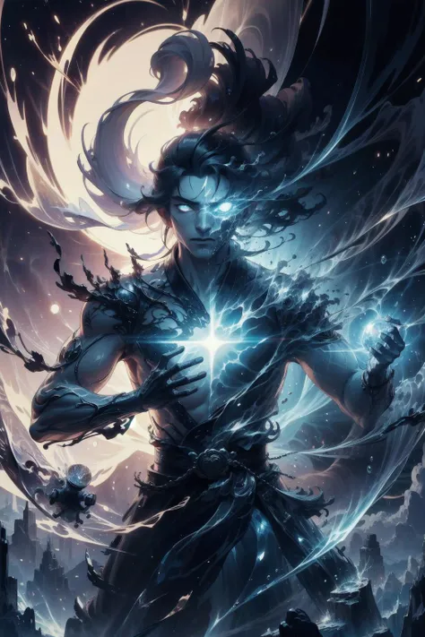 (masterpiece, best quality, high quality, extremely detailed, hyperrealistic, CG, unity, 4k), (dark fantasy:1.4), rough male dark magr, unshaved, body covered in runic tattoo, face scars, detailed glowing eyes, sitting on dark throne, teal energy magic swirling around, in underworld, hell, dark scene, cinematic lighting, teal glow, cracks,