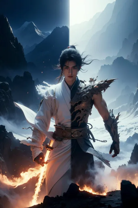 wabstyle, glowing, two-tone hair, mountain, east asian architecture, robe,
skeleton,ghost, hell, heaven, fighting stance, dragon, armor, muscular, fire, shackles, light,
1boy, energy sword, solo, (photorealistic:1.4), cowboy shot,
cinematic angle, fisheye, motion blur,
<lora:wabstyle:0.8>