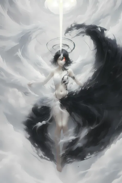 wabstyle,glowing,two-tone hair,fog,mist,white,black,split theme,two-tone,1girl,<lora:wabstyle:0.9>,navel,halo,heterochromia,black and white eyes,black and white theme,cloud,scholarly,(bunches:1.1),full body,entangled,night,happy,<lora:æ¯æ¶²:0.6>,<lora:æ³å
:0.3>,black and white wings,