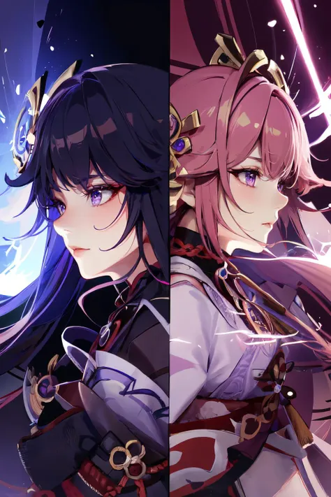 wabstyle, glowing, split sheme, two-tone hair, 1girl, Her left face is raiden shogun with purple hair, and her right face is yae miko with pink hair, full body, cinematic angle, fisheye, motion blur,
<lora:wabstyle:0.7>
<lora:RaidenShogun-HandsFix:0.6:lbw=KEEPCHAR><lora:YaeMiko_Test:0.6:lbw=KEEPCHAR>
