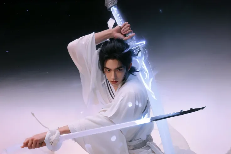 wabstyle, glowing, two-tone hair, dual wielding, fighting stance, white, black, armor, glowing weapon, energy sword, holding sword,
1boy, solo, (photorealistic:1.4), cowboy shot, night, white smoke, black fire,
cinematic angle, motion blur, starry sky, colorful, 
<lora:add_detail:0.2> <lora:wabstyle:1> <lora:epiNoiseoffset_v2:0.2><lora:neg4all_bdsqlsz_V3.5:0.2>