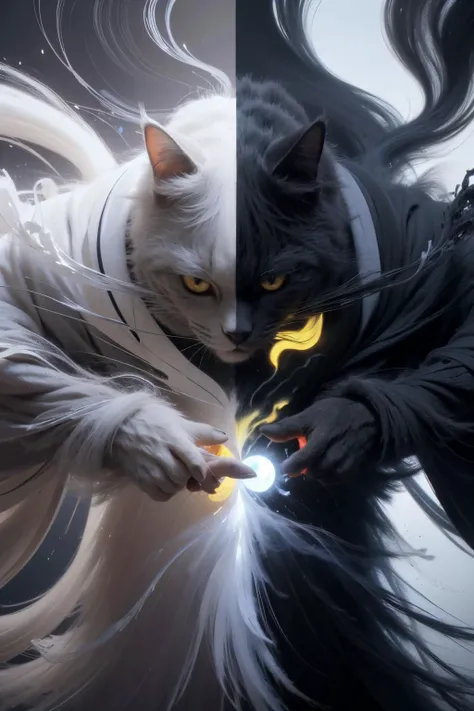 highres, 8k, absurdres, non_human, animal, cat, (Chartreux:1.2), long hair, (wabstyle:1.65), glowing, (two-tone:1.3), fog, mist, white, black, split theme, two-tone, aura, (contrasts:1.3), animal_focus, close up,
<lora:wabstyle:1>, <lora:Chartreux_38-000002:0.35> , <lora:c4ttitudeflexver:0.35> , (c4ttitude), dual wielding, ((robe)),