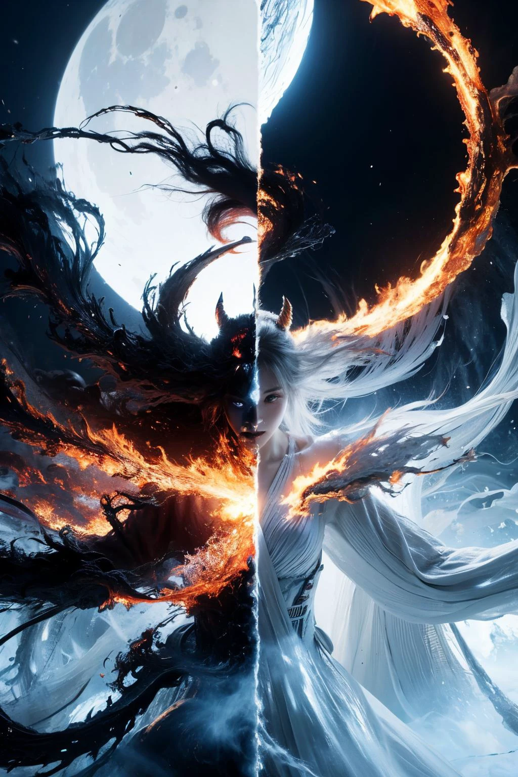 highres, 8k, absurdres, 1girl, Spider_Pig, long hair, (wabstyle:1.2), glowing, two-tone hair, fog, mist, white, black, split theme, two-tone, sun, moon, fighting stance, halo aura, god rays, (hell fire:1.5), (contrasts:1.3),
<lora:wabstyle:0.85>, <lora:JP_Girl-000011:0.15>