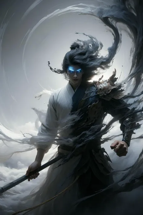 wabstyle, glowing, two-tone hair, fog, mist, dual wielding,  fighting stance, (hell|heaven:0.5) (white|black:0.5), armor, blue day, east asian architecture,
1boy, solo, (photorealistic:1.4), cowboy shot,
cinematic angle, fisheye,  motion blur,
<lora:wabstyle:1> <lora:zhongfenghua:0.2>zwd, <lora:zwd_v2:0.2> md,<lora:æ¯æ¶²Â·æå½±_v1.0:0.3>
<lora:neg4all_bdsqlsz_V3.5:0.8>