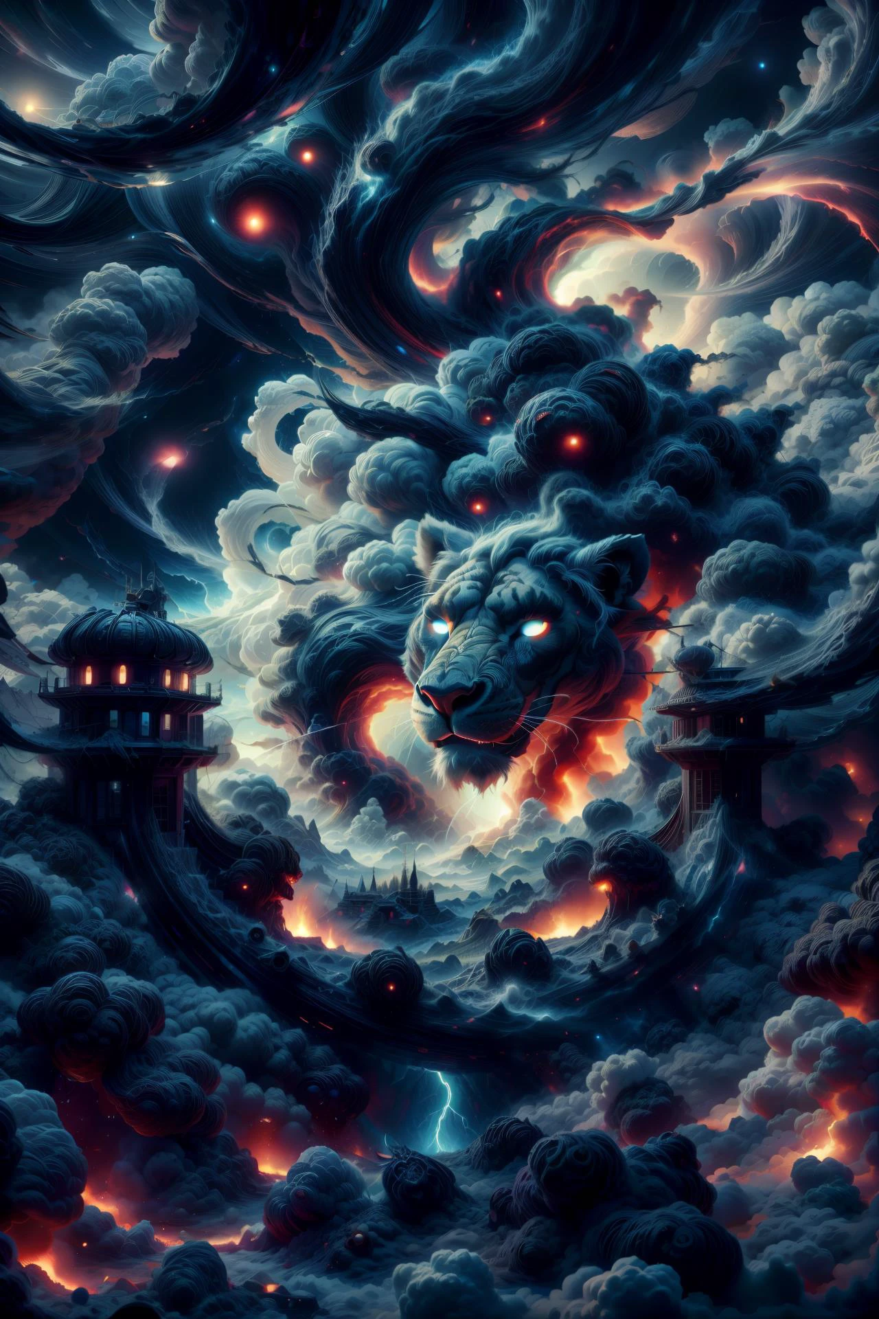 (A huge lion head,fangs, big eyes:1.2), (angry face, detailed face, detailed eyes, :1.2),(absurdly long hair:1.1), ( fire storm, in a hurricane:1.2),embedding:Style\Style-Winter, (dynamic , action-packed , thrilling , fantastic realism:1.2), ((extremely detailed, intricate details, hyperdetailed)),(masterpiece, ultra-detailed, Unreal Engine), (rich,composition, cinematic:1.1),(backlight, blurry foreground),nice motion, nice lighting, fire vfx, fire moviments, fire spark particles, flame flow, lightning vfx, cold palette, depth of field, cool dark background, wabstyle, glowing, two-tone hair, robe, (fog,:1.1) (mist:1.1),postapocalypse , rain, artstation, sity,
<lora:add_detail:1>
<lora:martius_storm:0.8> martius_storm,
<lora:CosmicEldritchTech-20:0.85> eldritchtech, cosmic, dark energy,
<lora:wabstyle:1>,
<lora:TUYA5:0.5>