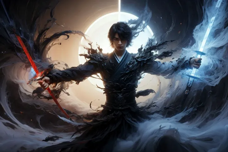 wabstyle, glowing, two-tone hair, fog, mist, dual wielding, fighting stance, (white|black:0.5), armor, glowing weapon, energy sword, blue fire,red moon, holding sword, sword,
1boy, solo, (photorealistic:1.4), cowboy shot,
cinematic angle, fisheye, motion blur,
<lora:wabstyle:1> <lora:zhongfenghua:0.2>zwd, <lora:zwd_v2:0.2> md,<lora:æ¯æ¶²Â·æå½±_v1.0:0.3>
<lora:neg4all_bdsqlsz_V3.5:0.8>