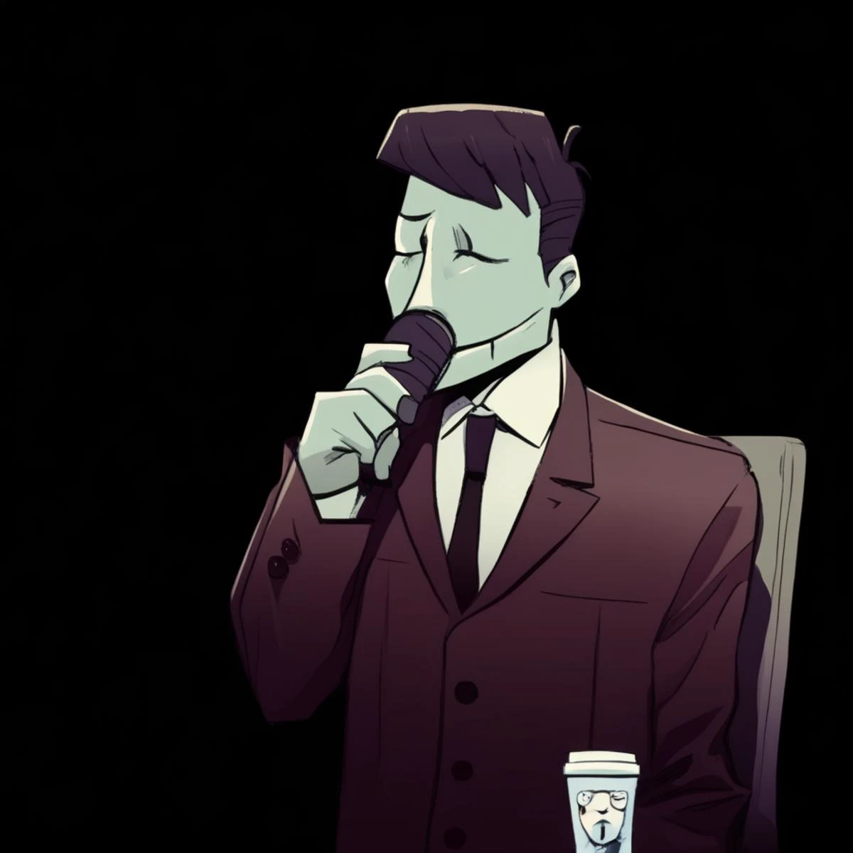 coat, scenery, middle finger, black lips, money, cup, formal, dark, brown hair, microphone, shushing