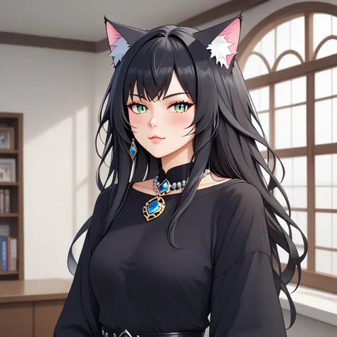 (score_4), (score_5), (score_6), source_anime+, Shonen Style, (masterpiece)+, (best quality), (1girl, cat girl, black cat ears, black cat tail, fluffy ears), Surrealism in Karol Bak style, Idyllic, Gothic, Dark Mode