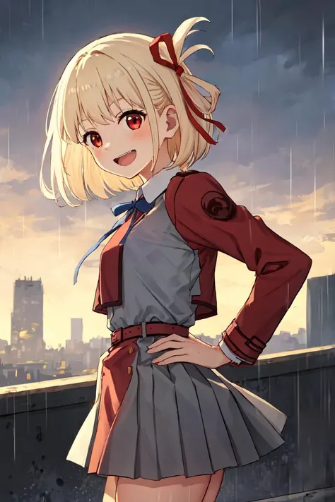 1girl, nishikigi chisato, ribbon, blonde hair, lycoris uniform, solo, dress, red ribbon, two-tone dress, red eyes, hair ribbon, short hair, red dress, pleated dress, grey dress, bangs, open mouth, smile, neck ribbon, looking at viewer, blue ribbon, red belt, bob cut, school uniform, belt, :d, collared shirt, laugh,thick thighs,
<lora:nishikigi_chisato_v2:0.9>,hand on own chest, hand on hip,
city background,late at night,outdoor,dynamic angle,from side,rain,being wet,roof top,ruin city,destroyed city,