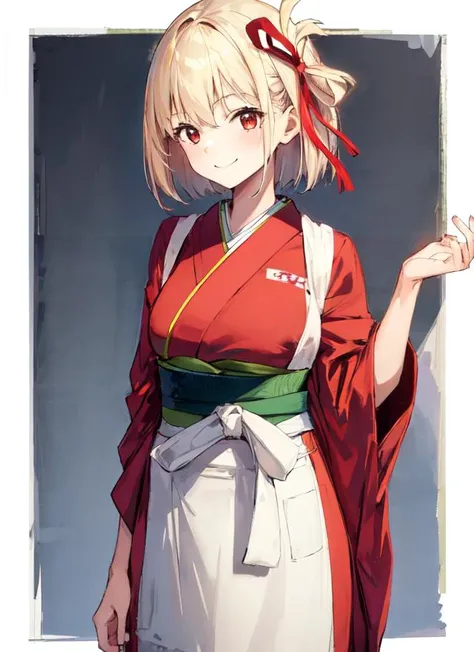 masterpiece,(ultra-detailed),1girl,smile, nishikigi chisato, red ribbon, apron, red kimono, kimono, japanese clothes, cowboy shot, <lora:nishikigi_chisato_v2:1>