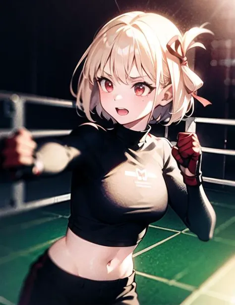 masterpiece,(ultra-detailed),1girl, nishikigi chisato, (fighting pose),red ribbon,red ribbon, red_eyes,blond hair,short hair,long sleeve rash guard,red boxing pants, (black MMA glove),Brazilian jiu-jitsu,in boxing ring,fighting,MMA,<lora:nishikigi_chisato_v2:1>