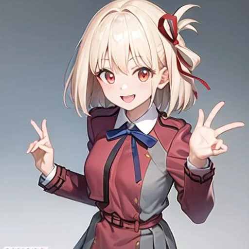 chisato, red ribbon, lycoris uniform, two-tone dress, grey dress, pleated dress, belt, red belt,neck ribbon, blue ribbon, long sleeves, smile, pov, effects, lycoris uniform, two-tone dress, grey dress, pleated dress, belt, red belt,neck ribbon, blue ribbon, long sleeves, <lora:nishikigi_chisato_v2:0.8>