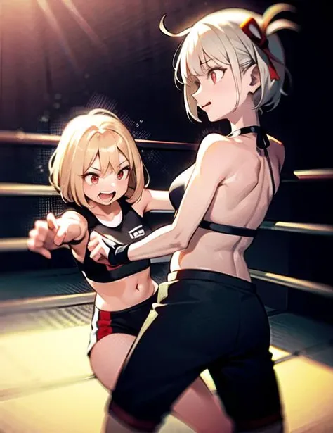 masterpiece,(ultra-detailed),2girl, nishikigi chisato, (fighting pose),red ribbon,red ribbon, red_eyes,blond hair,short hair,Jiu Jitsu Gi,lBrazilian jiu-jitsu,in boxing ring,fighting,MMA,<lora:nishikigi_chisato_v2:1>