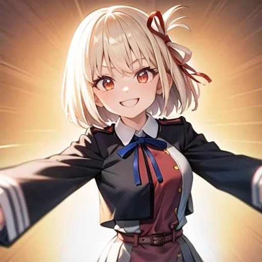 chisato, red ribbon, lycoris uniform, two-tone dress, grey dress, pleated dress, belt, red belt,neck ribbon, blue ribbon, long sleeves, smile, pov, effects, lycoris uniform, two-tone dress, grey dress, pleated dress, belt, red belt,neck ribbon, blue ribbon, long sleeves, <lora:nishikigi_chisato_v2:0.8>