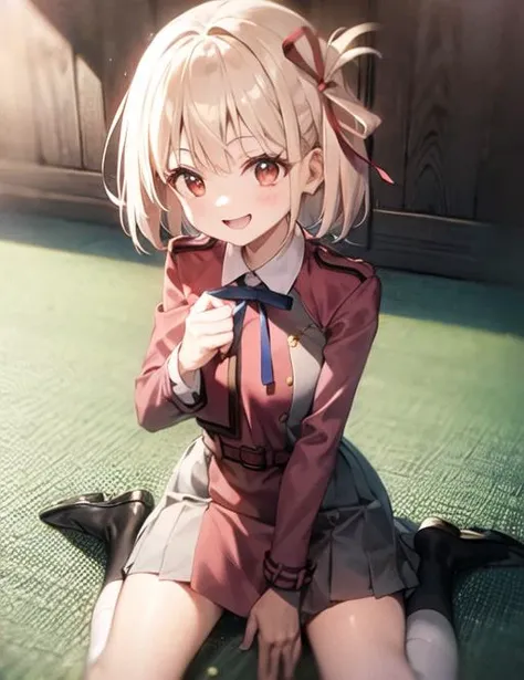 chisato, red ribbon, lycoris uniform, two-tone dress, grey dress, pleated dress, belt, red belt,neck ribbon, blue ribbon, long sleeves, smile, pov, effects, lycoris uniform, two-tone dress, grey dress, pleated dress, belt, red belt,neck ribbon, blue ribbon, long sleeves, fullbody,<lora:nishikigi_chisato_v2:0.8>