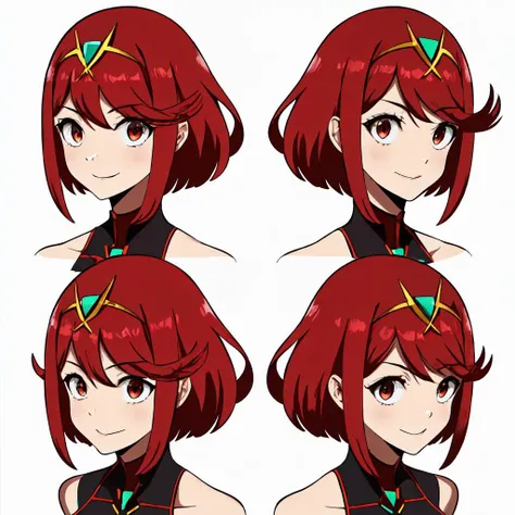 Highly detailed, High Quality, Masterpiece, beautiful, MultiView, <lora:HeadModelSheet:0.8>, Pyra \(xenoblade\), Pyra:1.2, red hair, red eyes, short hair, <lora:Char_Xenoblade_PyraMythraPneuma:0.5>