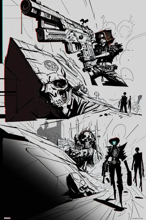 a man with red hair holding a gun and a skull in his hand, with a gun in his other hand, Android Jones, comic cover art, cyberpunk art, computer art, <lora:Dystopian_Ink-000004:.8>