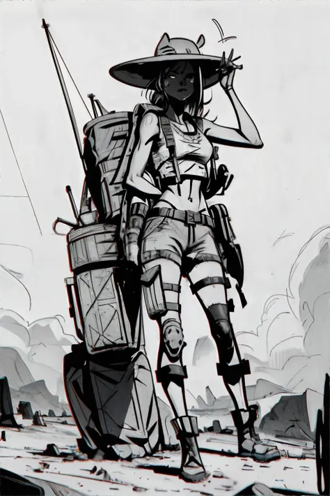 <lora:dystopianink:0.8>, woman wearing Post-apocalyptic, shabby Explorer's Gear: Backpack, hiking boots, cargo shorts, tank top, sun hat|| <lora:dystopianink:0.2>, masterpiece, 8k, high resolution, shallow depth of field, sharp focus