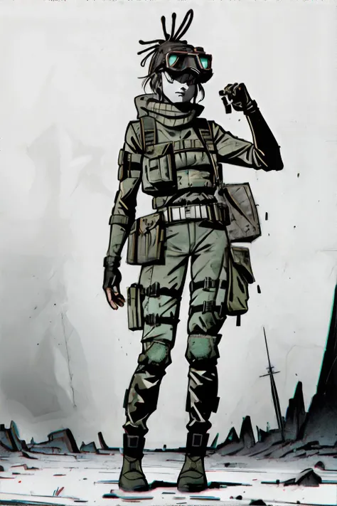 <lora:dystopianink:0.8>, woman wearing Post-apocalyptic, shabby Survivalist Ensemble: Camouflage jacket, green turtleneck sweater, brown cargo pants, sturdy hiking boots, utility belt with tools, compact crossbody bag, fingerless gloves, protective goggles || <lora:dystopianink:0.2>, masterpiece, 8k, high resolution, shallow depth of field, sharp focus