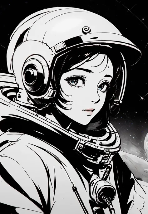 1 girl, starry sky, close-up, long hair, <lora:Dystopian_Ink-000004:.8>,astronaut helmet