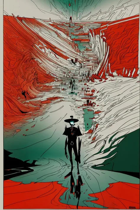 a man in a body of water surrounded by red and green water and a lot of other people in the background, Bill Sienkiewicz, comic cover art, poster art, neoplasticism, <lora:Dystopian_Ink-000004:.8>
