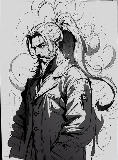 a man with a long hair and a beard with a ponytail in his hair, looking down at something, Eizan Kikukawa, trending on art station, a digital painting, digital art  , <lora:Dystopian_Ink-000004:.8>
