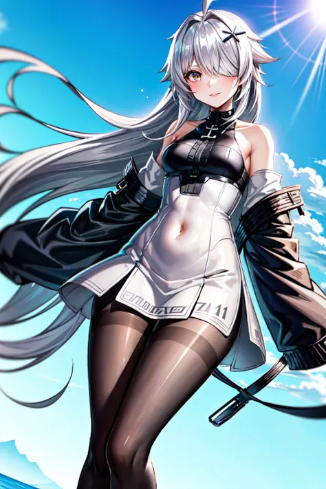 1girl, no.21, bandage over one eye, (pale skin:1.1), navel, thighs, medium breasts, long hair, white hair, bangs, gray eyes, bare shoulders, black legwear, (white dress), pantyhose, hair ornament, hairclip, jacket, (long sleeves), standing, body portrait, outdoors, village, digital art, colorful, trending on artstation, hyper detailed, 8k HDR, <lora:21:0.6> <lora:add_detail:0.5>