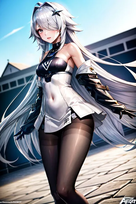 1girl, no.21, bandage over one eye, (pale skin:1.1), navel, thighs, medium breasts, long hair, white hair, bangs, gray eyes, bare shoulders, black legwear, (white dress), pantyhose, hair ornament, hairclip, jacket, (long sleeves), standing, body portrait, outdoors, village, digital art, colorful, trending on artstation, hyper detailed, 8k HDR, <lora:21:0.6> <lora:add_detail:0.5>